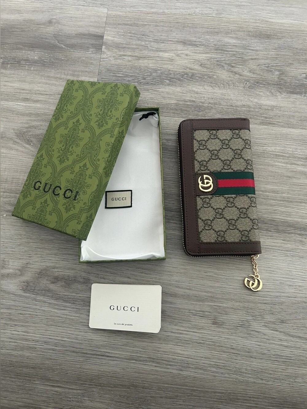 Gucci Brown GG Supreme Zip-Around Wallet with Web Stripe